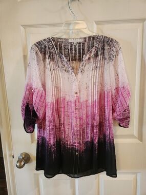 Chaus Sheer Ombre Button-Front Blouse/Tunic - Cream To Pink to Black